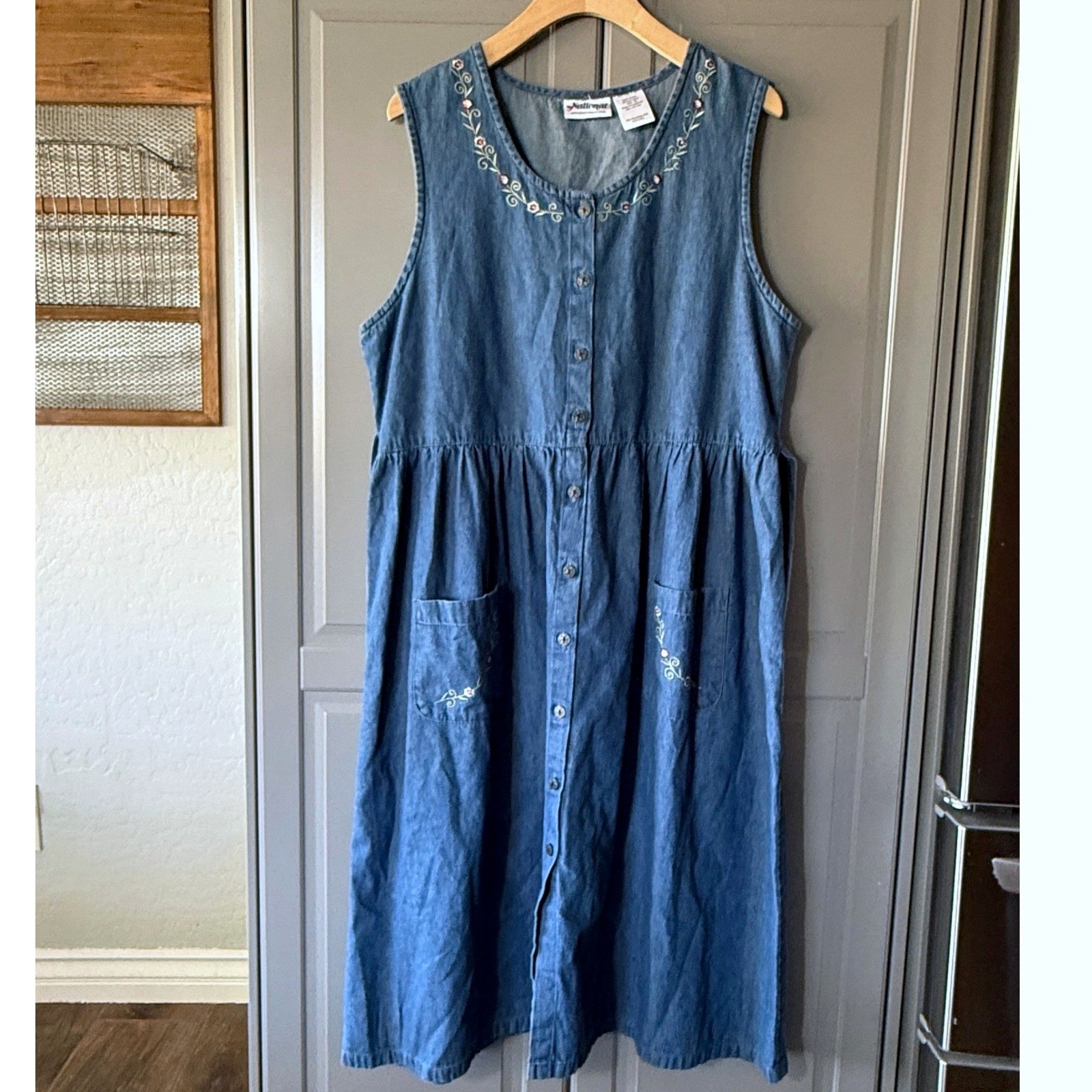 National Vintage Cottagecore Floral Embroidered Button Front Denim Midi Dress,Lp